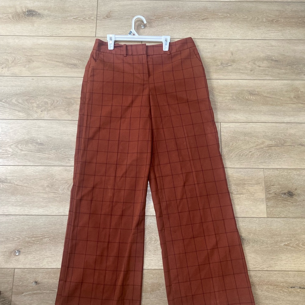 Rust Plaid Wide-Leg Dress Pants